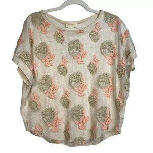 NWT Brand label Womens Beige Cap Sleeve Floral Embroidered Blouse Top Size Small